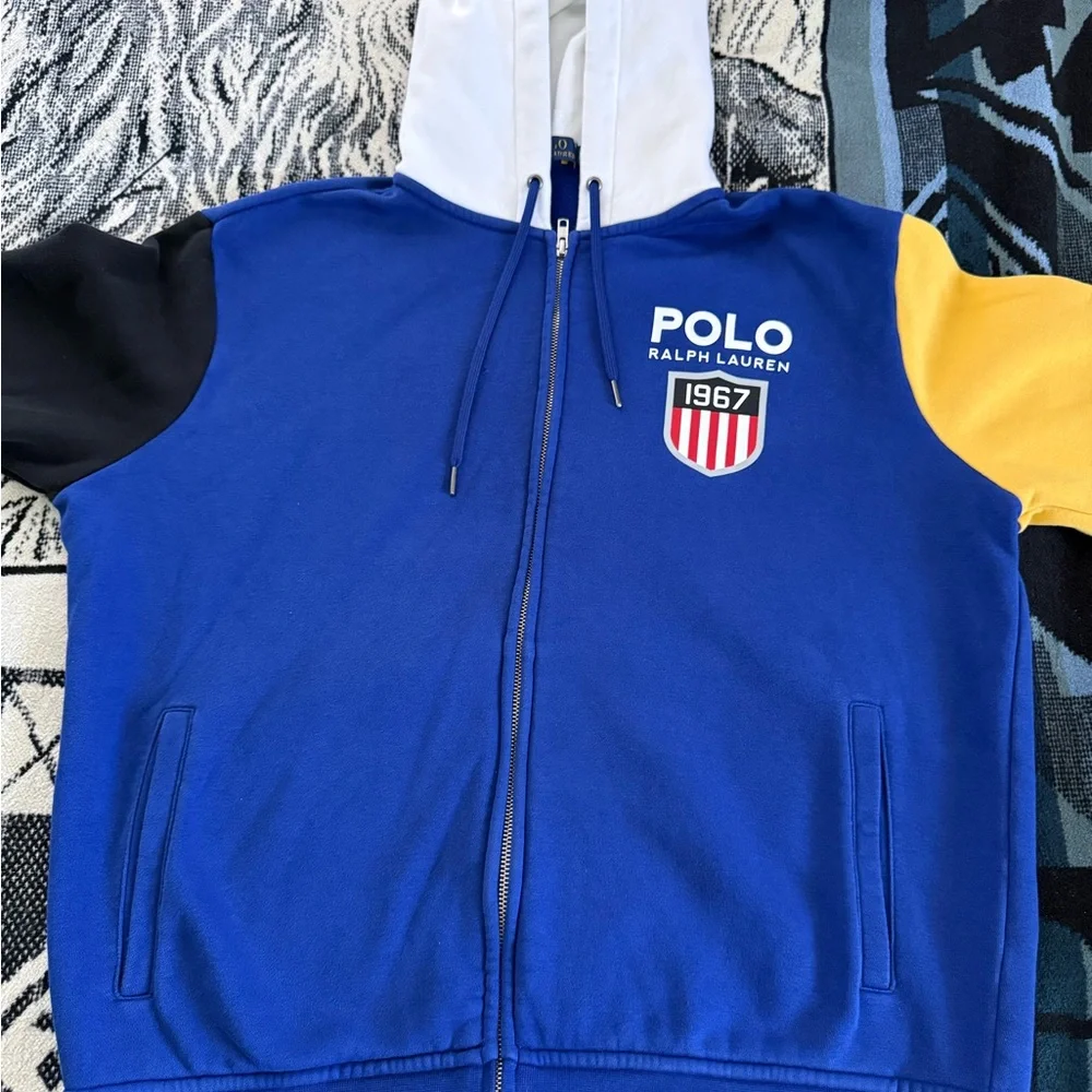 Polo Ralph Lauren Double Knit Blue White/Black/Yellow Colorblock Zip-Up Sweater